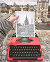 Big Ben and London Eye, 45cm x 45cm, Signed Limited Edition of 200 Print Typewriter Art