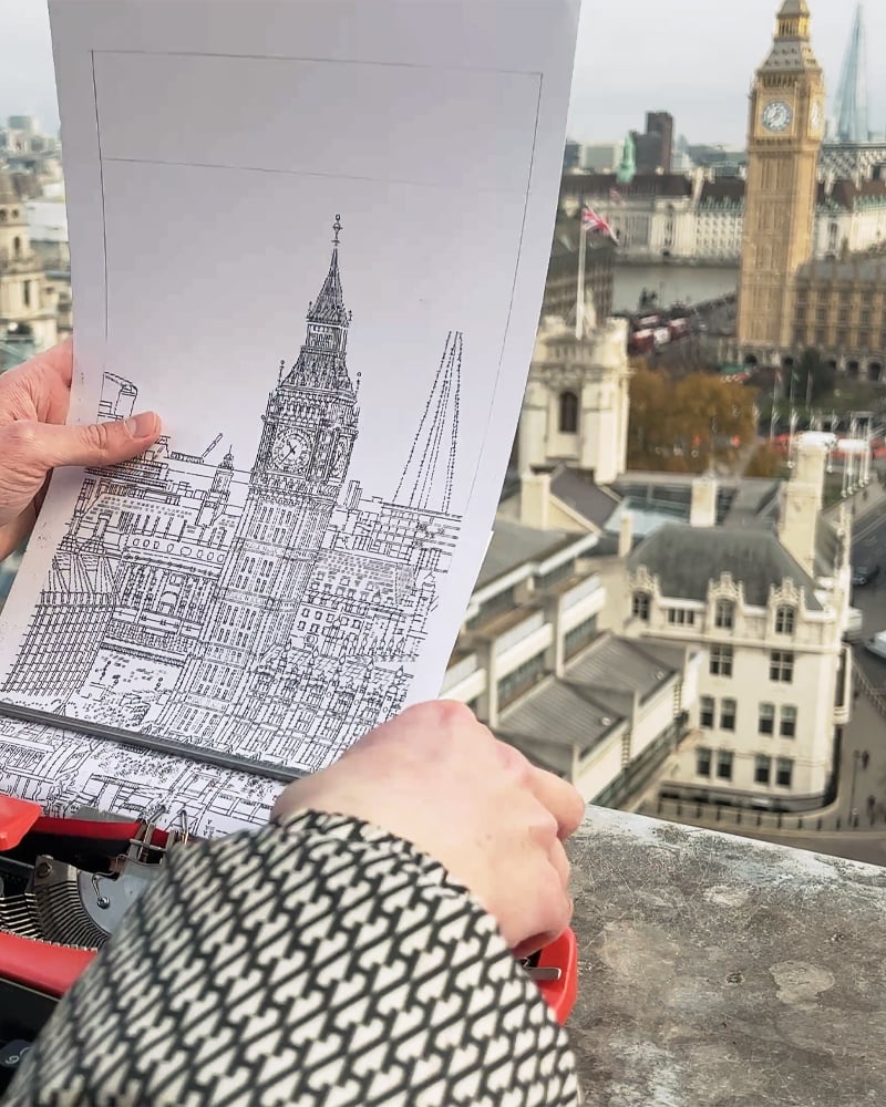 Image of Big Ben and London Eye, 45cm x 45cm, Signed Limited Edition of 200 Print Typewriter Art