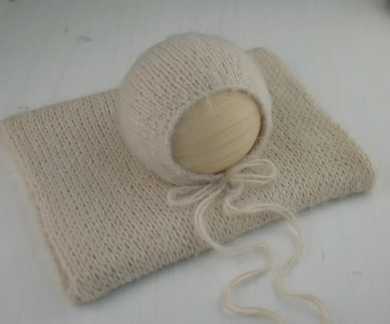 Image of Khaki Fuzzy Knit Bonnet & Wrap