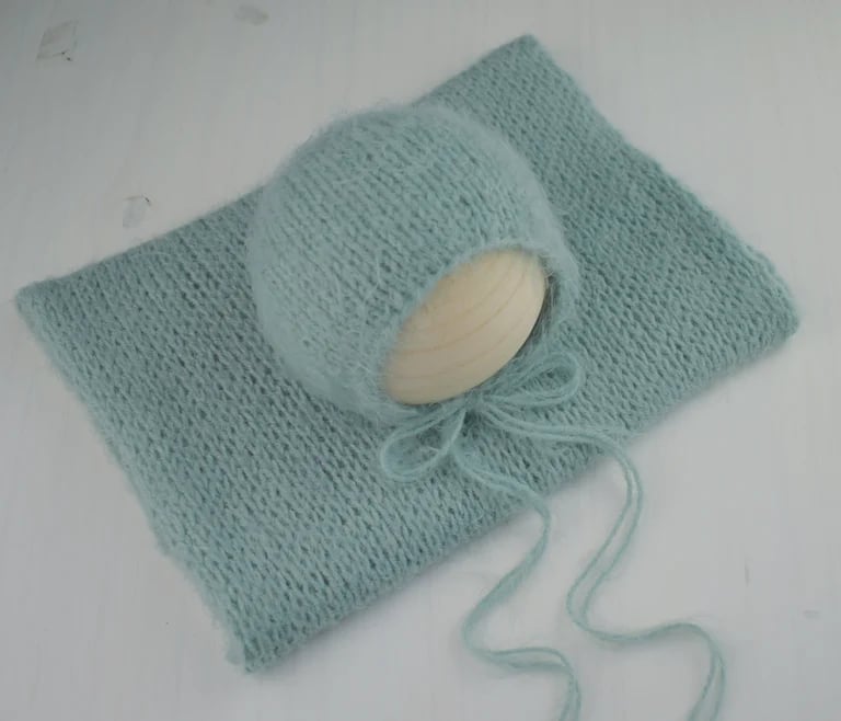 Image of Seafoam Fuzzy Knit bonnet & Wrap