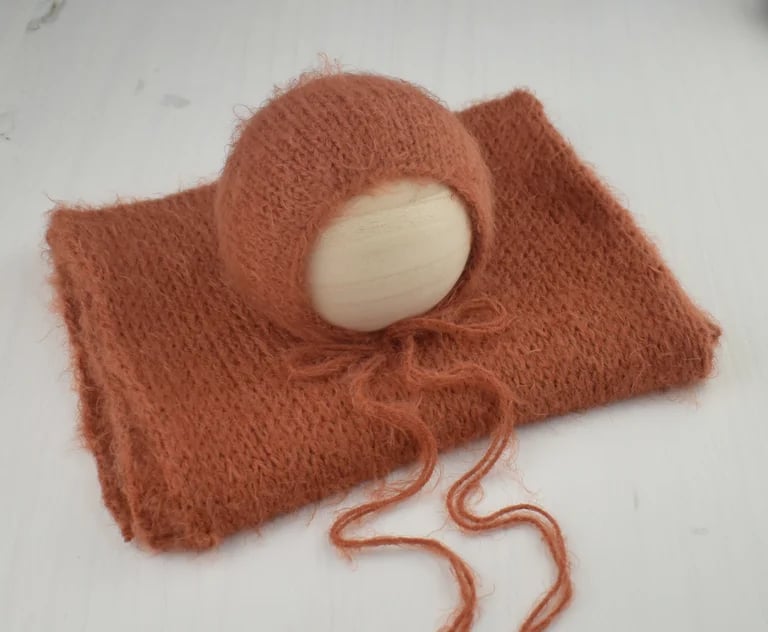 Image of Rust Fuzzy Knit Bonnet & Wrap