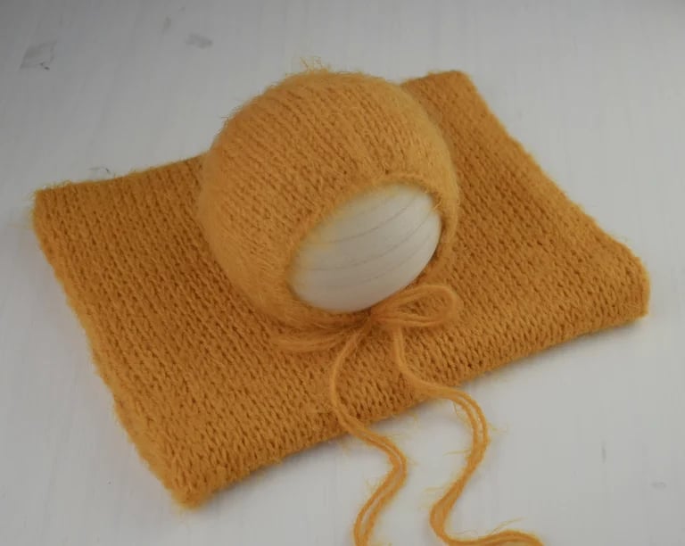 Image of Mustard Fuzzy Knit Bonnet & Wrap