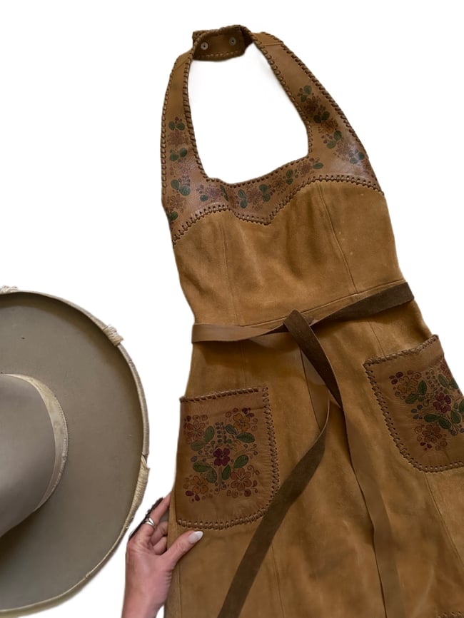 rare late 1960s CHAR handprinted leather wrap dress