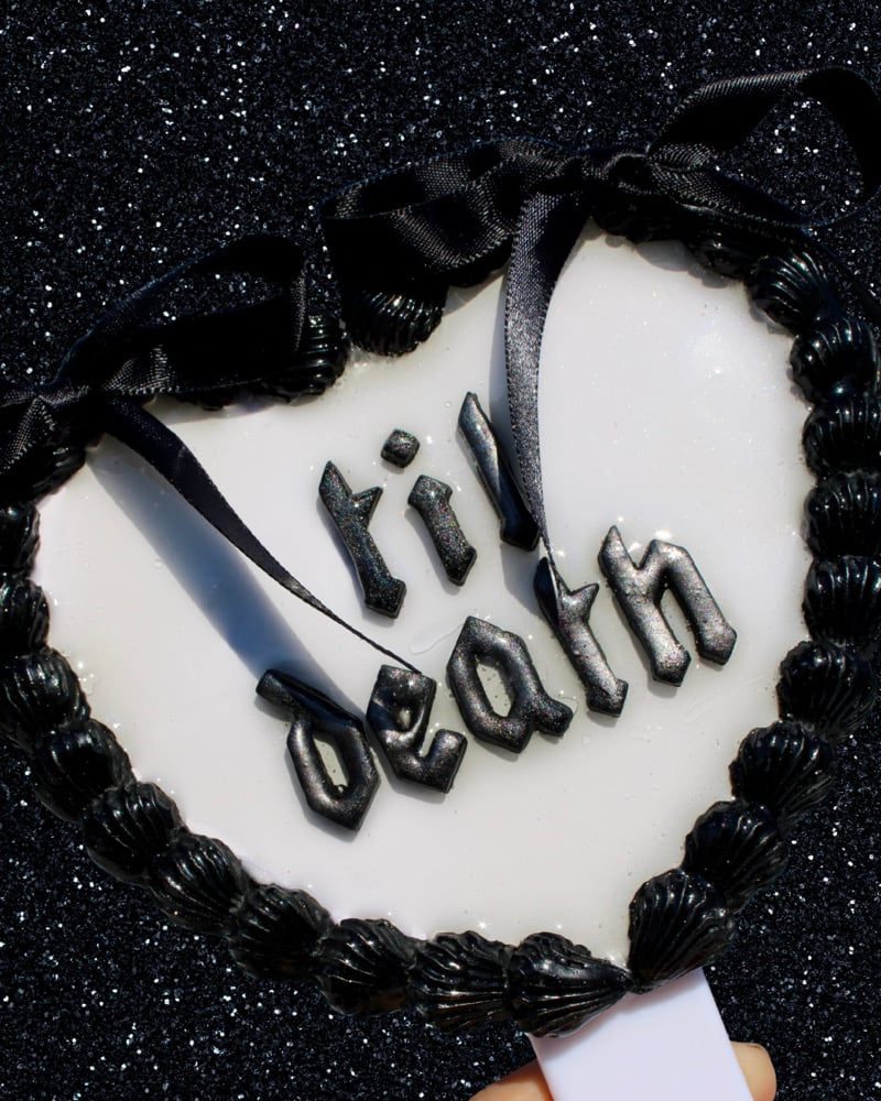 Image of White and Black VDay Cake Handheld Mirror