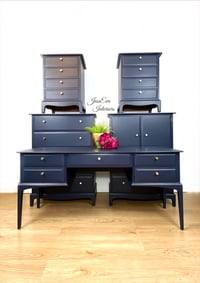 Image 1 of Navy Stag Minstrel Bedroom Set, Chest Of Drawers + Linen Cabinet + Bedside Tables + Dressing Table