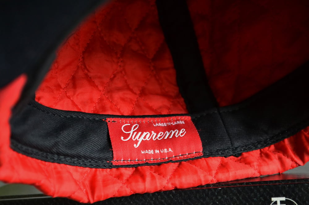Image of Supreme X Red Built Navy Canvas Flip Down Quilted Workwear Hat Sz.L/XL