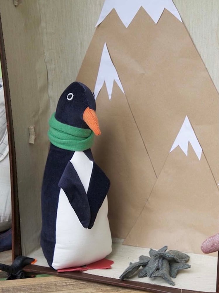 Image of Handmade Velvet Toy Penguin And His Satchel Of Fish