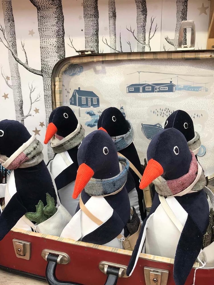 Image of Handmade Velvet Toy Penguin And His Satchel Of Fish