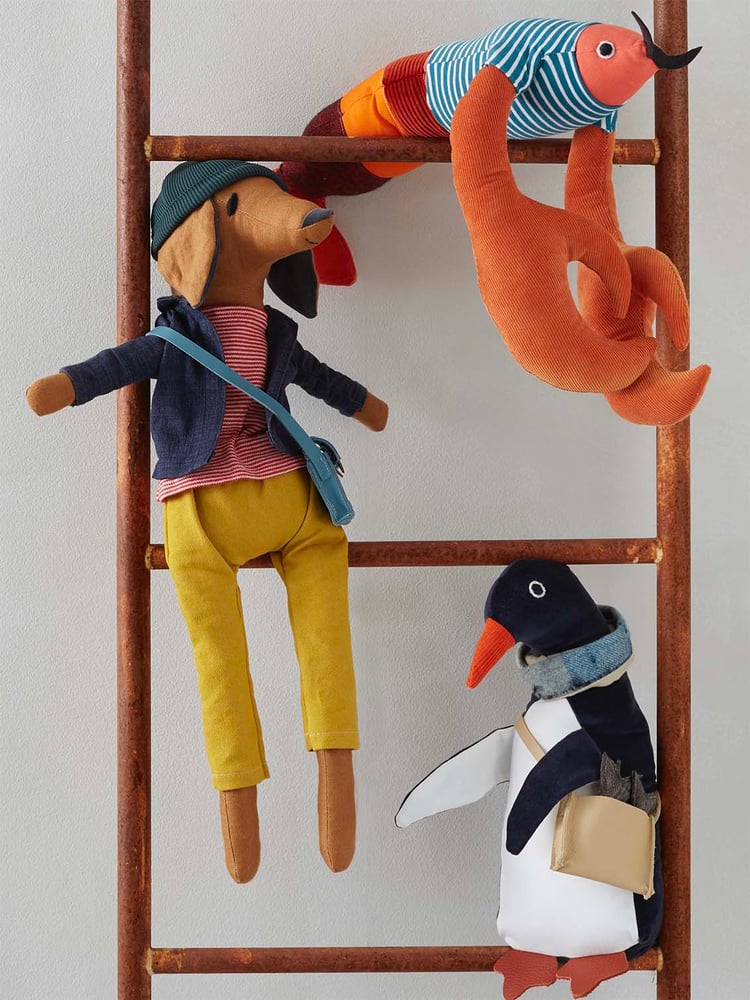 Image of Handmade Velvet Toy Penguin And His Satchel Of Fish