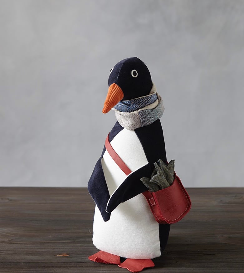 Image of Handmade Velvet Toy Penguin And His Satchel Of Fish