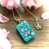Image 1 of Cherry Blossom on Teal Abstract Resin Pendant