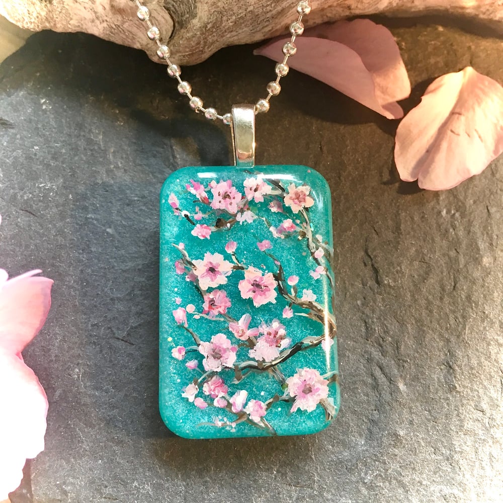 Cherry Blossom on Teal Abstract Resin Pendant