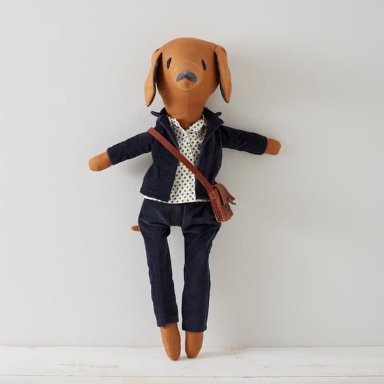 Image of Handmade Linen Toy Sausage Dog In A Navy Velvet Suit