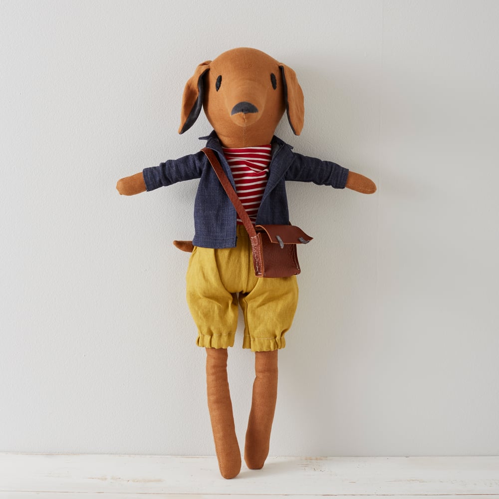 Image of Handmade Linen Toy Sausage Dog Wearing Mustard Shorts