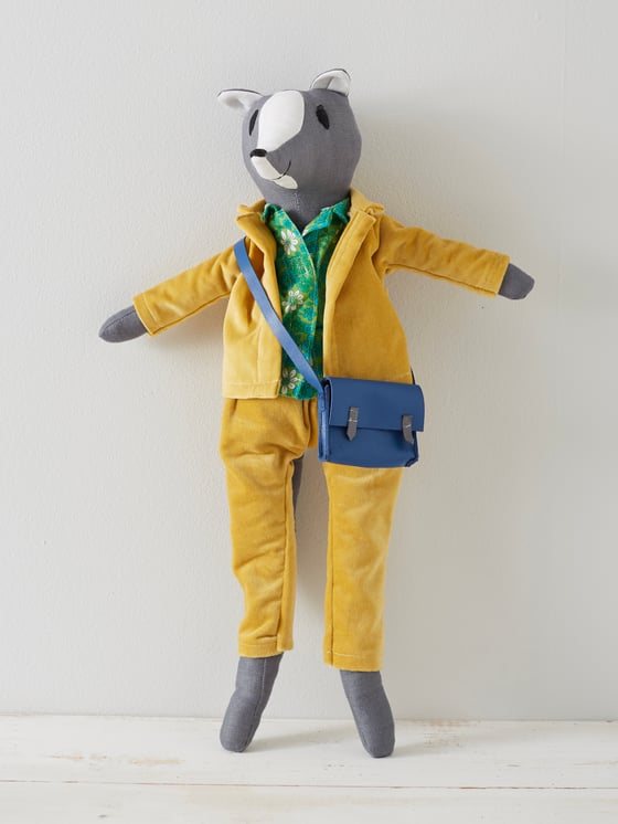 Image of Handmade Linen Toy Badger Wearing His Yellow Velvet Suit