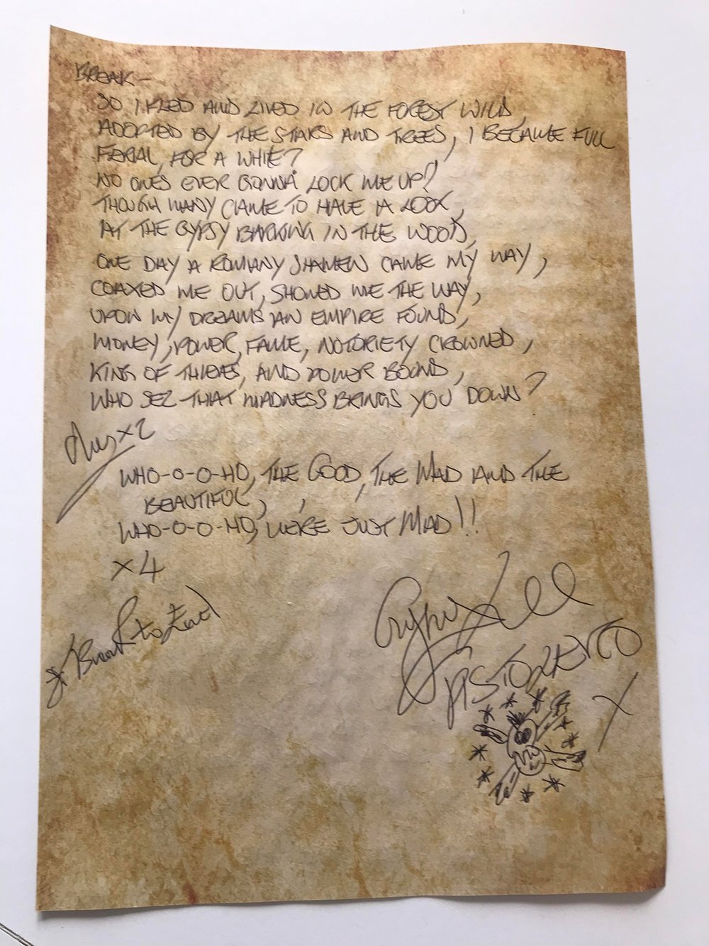 GYPSY PISTOLEROS Signed Hand Written Lyric Sheet