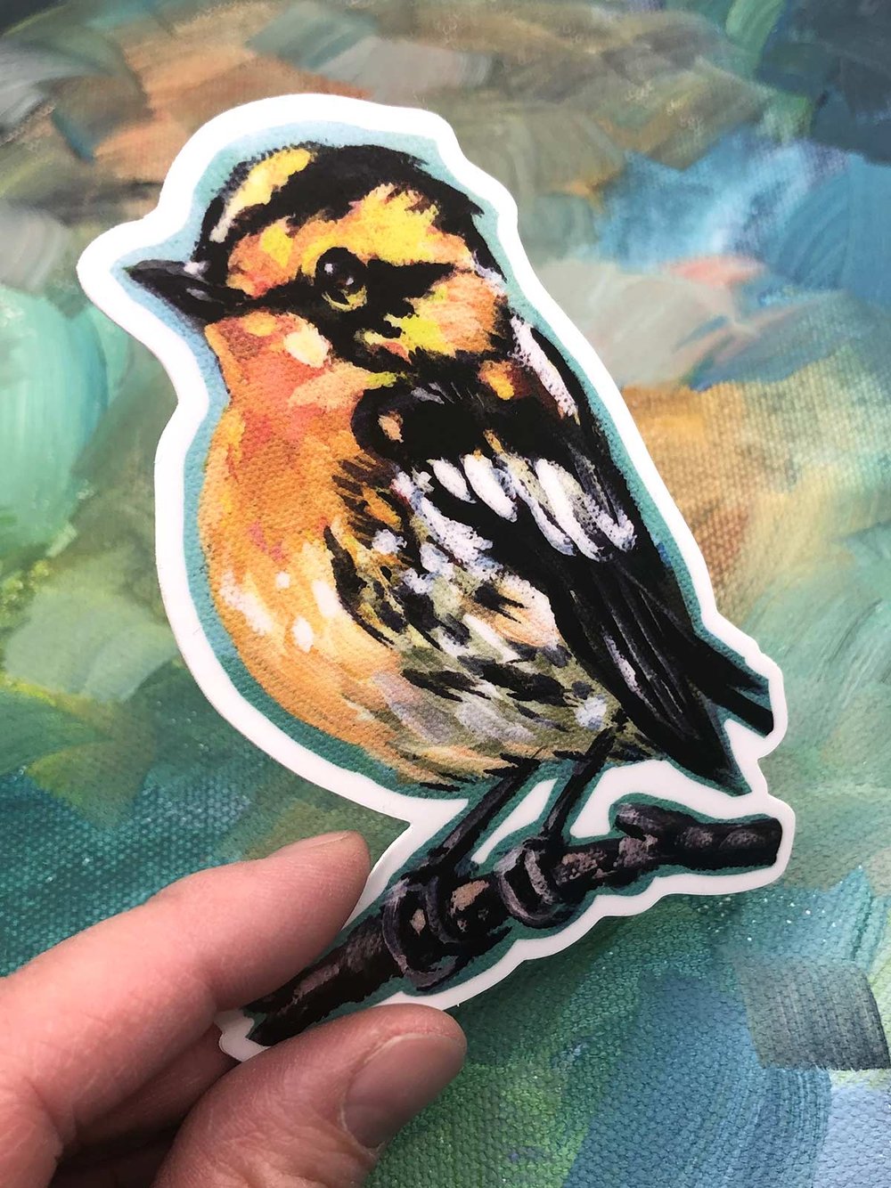 Happy Warbler Sticker – Blackburnian warbler vinyl sticker
