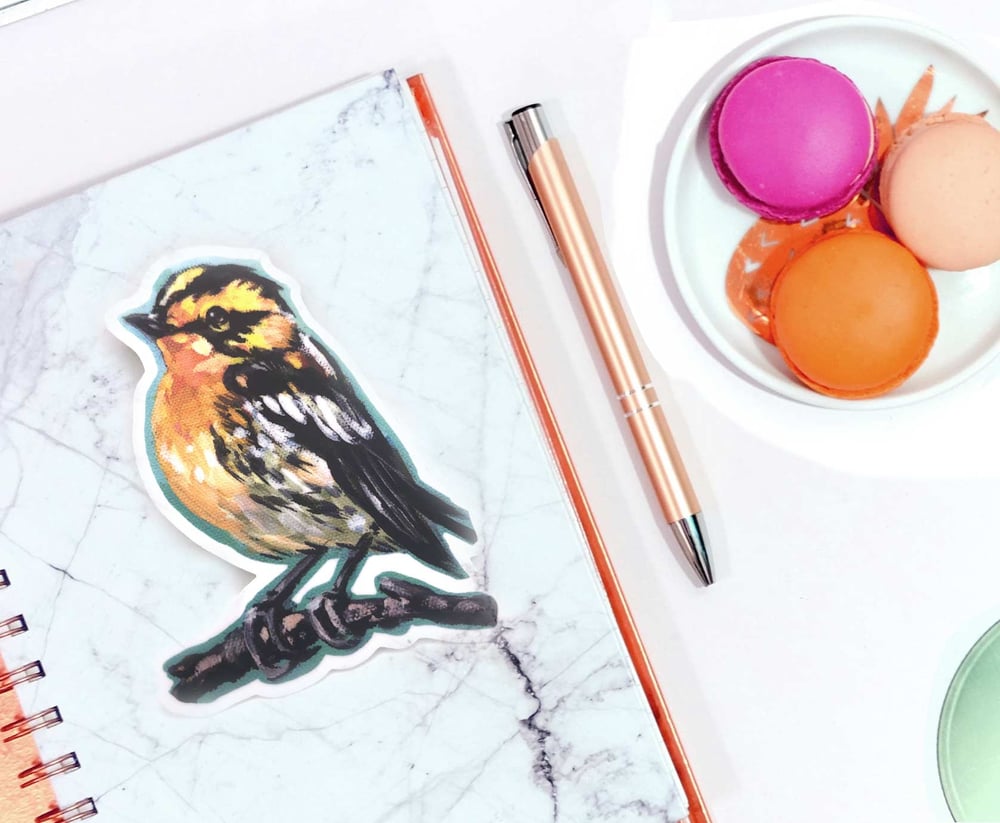 Happy Warbler Sticker – Blackburnian warbler vinyl sticker
