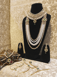 Image 1 of Royal White Crystal with Green Stone Kundan Bridal Set