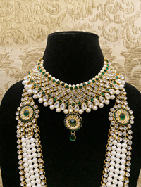 Image 2 of Royal White Crystal with Green Stone Kundan Bridal Set