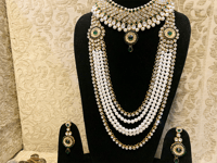 Image 5 of Royal White Crystal with Green Stone Kundan Bridal Set