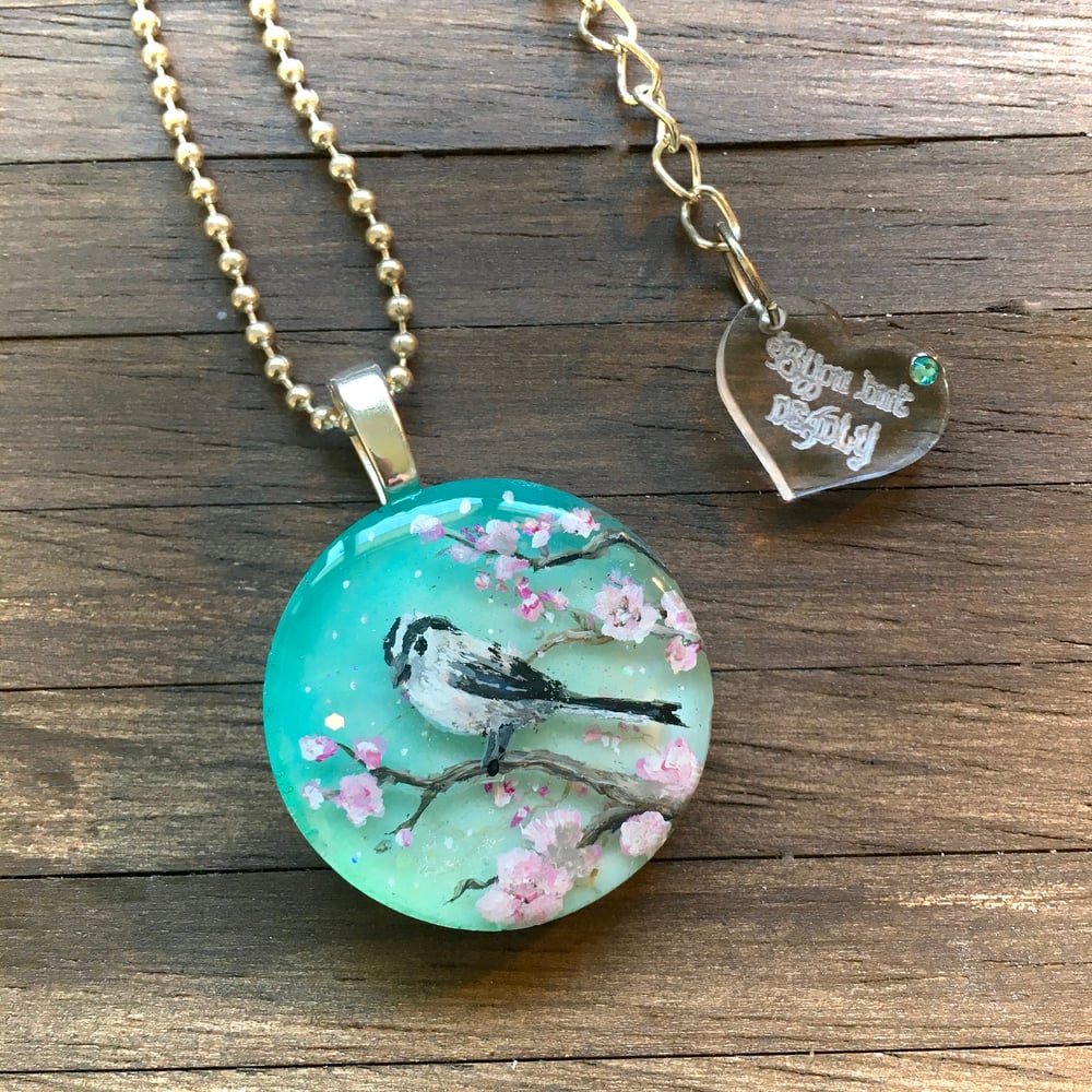 Long-Tailed Tit on Cherry Blossom Resin Pendant