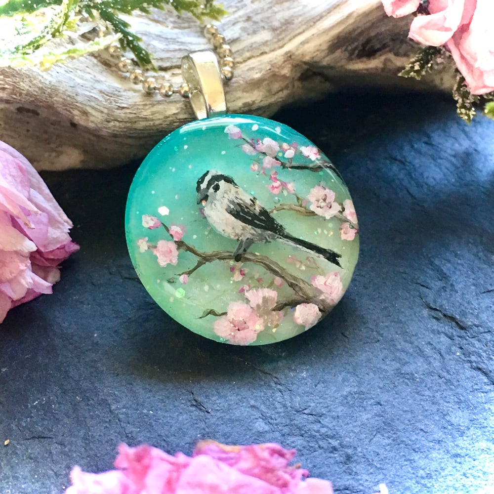 Long-Tailed Tit on Cherry Blossom Resin Pendant