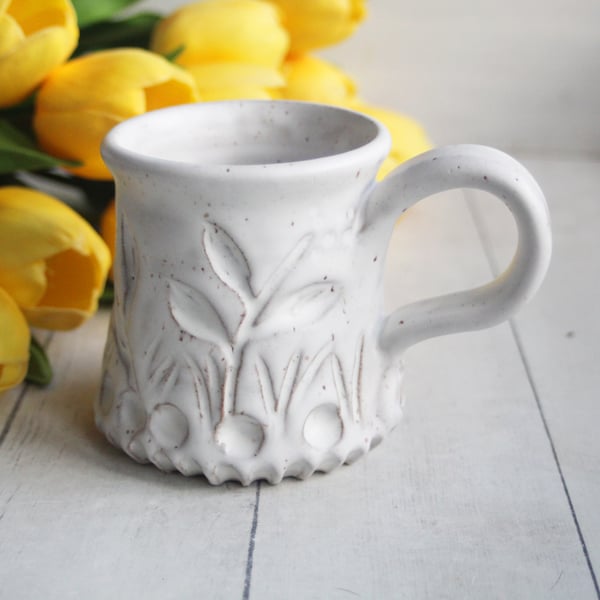 Image of Hand Carved Pottery Mug with Spring Flowers, Rustic White Speckled Coffee Cup