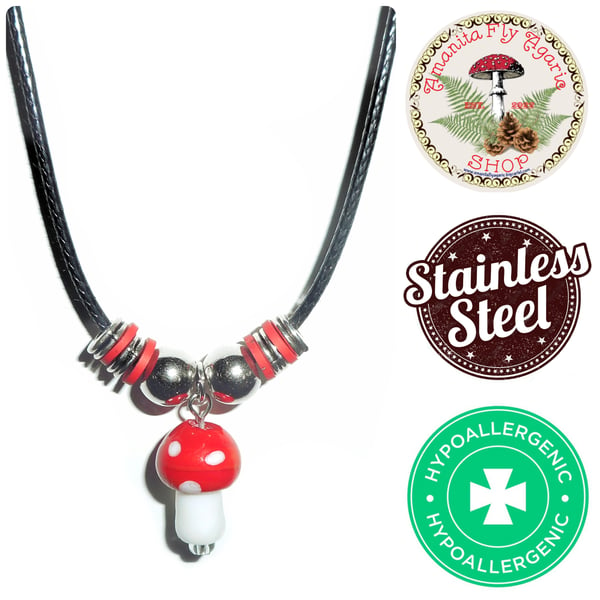 Image of 🍄 Amanita Mushroom Necklace - Hypoallergenic - Stainless Steel - Cottagecore