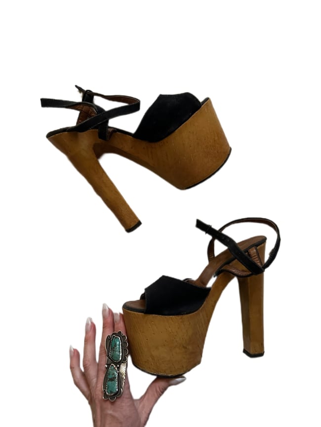 early 1970s Italian wood and suede sky high platform sandals