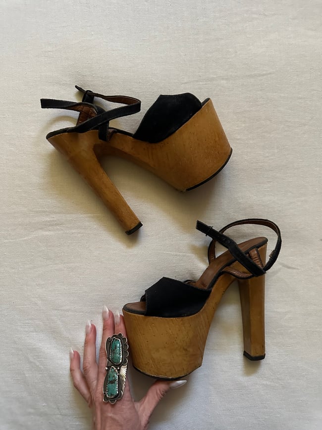 early 1970s Italian wood and suede sky high platform sandals