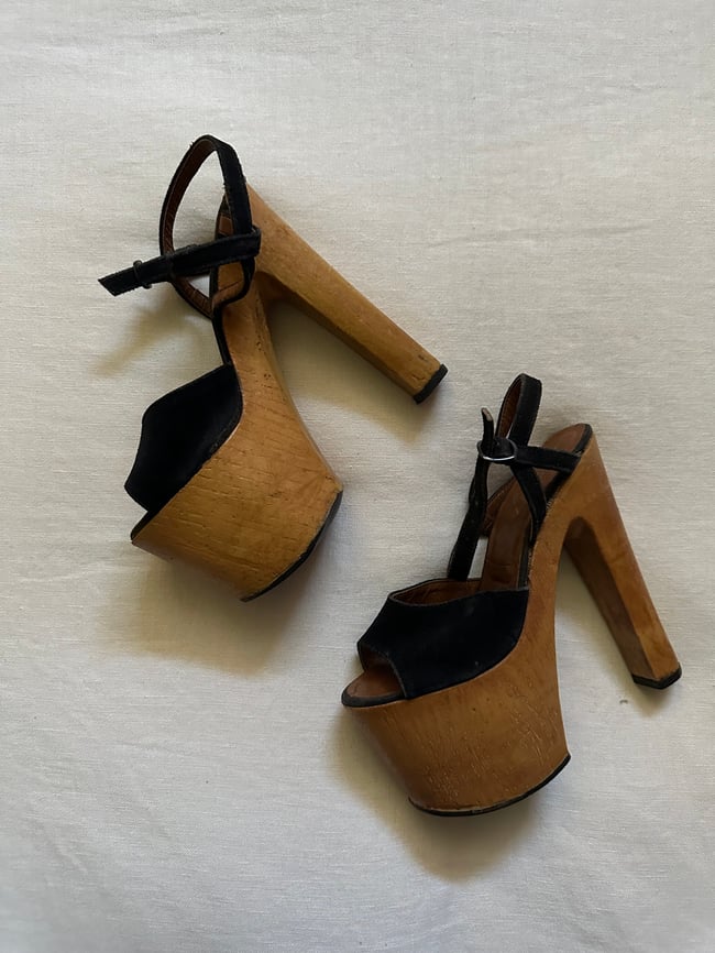 early 1970s Italian wood and suede sky high platform sandals