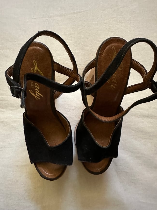 early 1970s Italian wood and suede sky high platform sandals