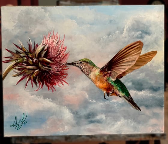 Image of Humming bird and thistle original oil painting