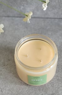 Image 3 of Belle-Sampaguita, Jasmine 22 oz 3 wick candle with wooden top