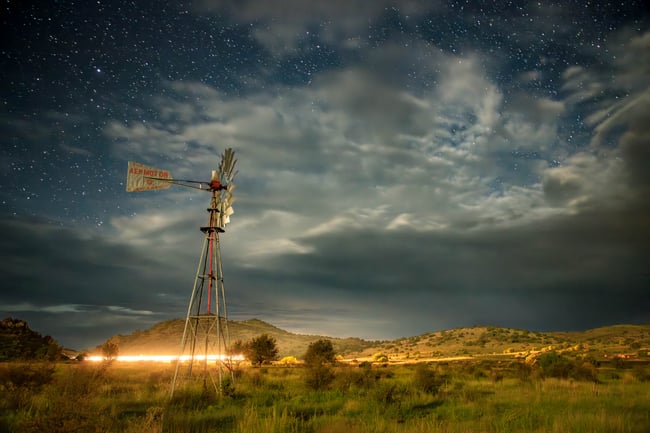 West Texas Windmill, Freight Train, Night