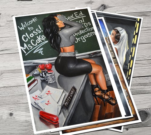 Image of JEREMY WORST Ms Cake Artwork Signed Print poster Patty Cake sexy teacher school apples desk stapler