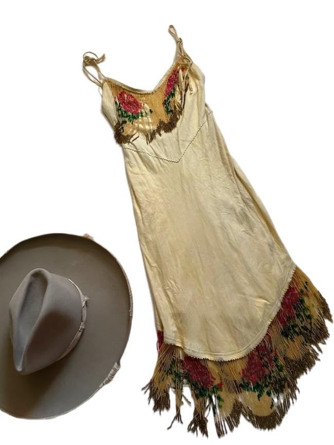 deadstock late 1960s super rare chamois suede beaded dress