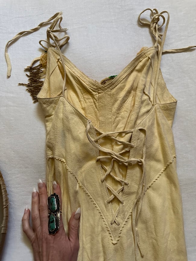 deadstock late 1960s super rare chamois suede beaded dress