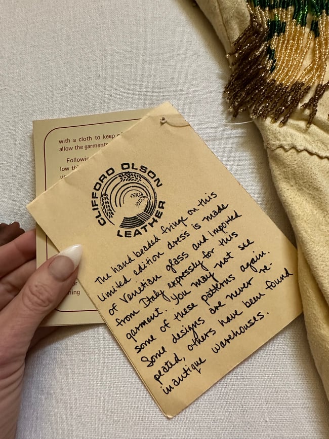 deadstock late 1960s super rare chamois suede beaded dress