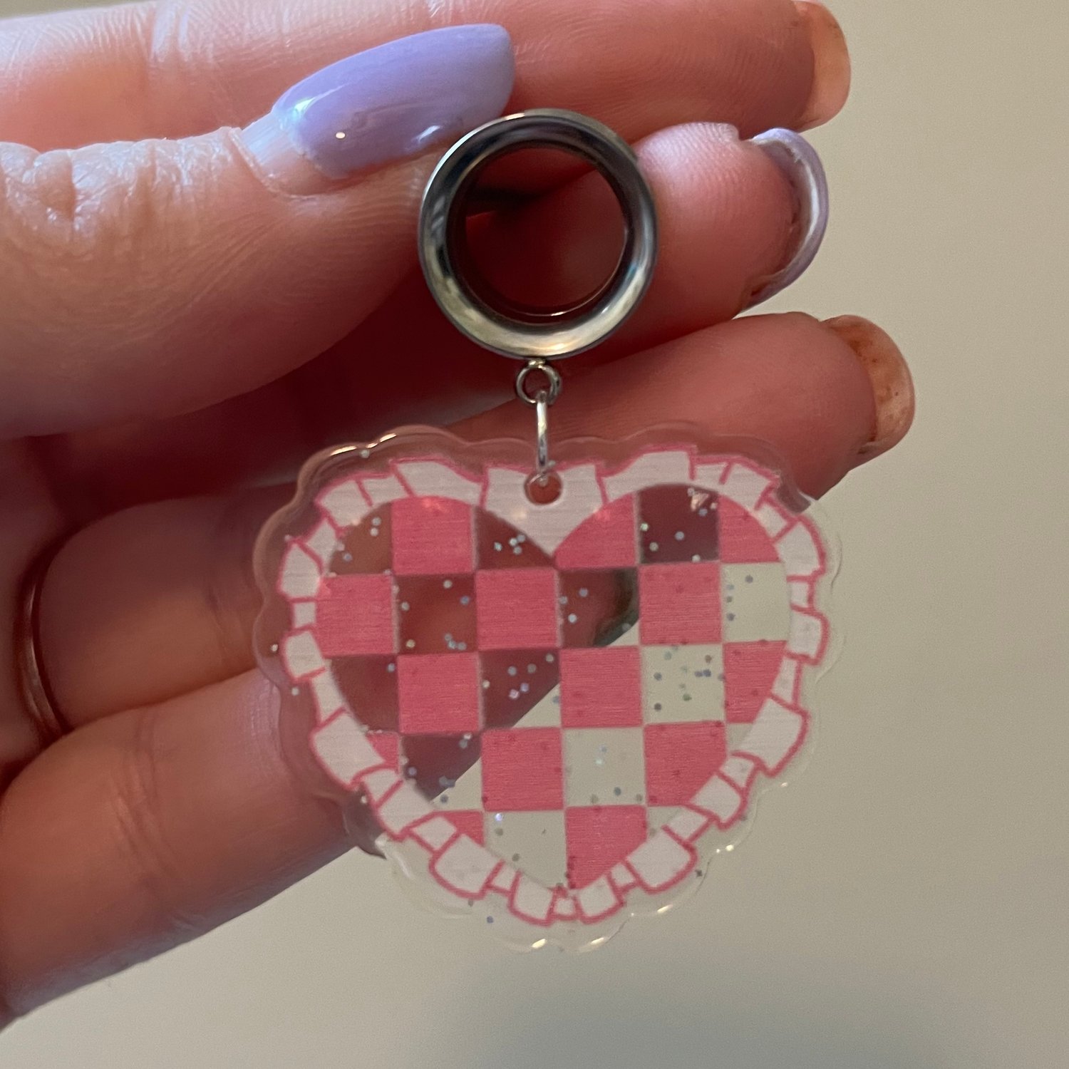 Image of Pink Checker Heart Tunnel Dangles (sizes 2g-2”)