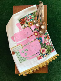 Image 1 of Flour Sack Towel, Pink Coffee Pot  Stencil, Green Flowered Fabric
