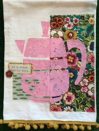 Image 2 of Flour Sack Towel, Pink Coffee Pot  Stencil, Green Flowered Fabric