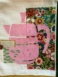 Image 3 of Flour Sack Towel, Pink Coffee Pot  Stencil, Green Flowered Fabric