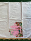 Flour Sack Towel, Pink Coffee Pot  Stencil, Green Flowered Fabric