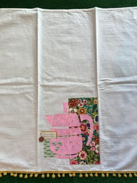 Image 4 of Flour Sack Towel, Pink Coffee Pot  Stencil, Green Flowered Fabric