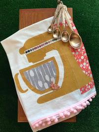 Image 1 of Flour Sack Towel, Mustard Mixer Stencil, Peach and Gray Fabric