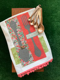 Image 1 of Flour Sack Towel, Stenciled Fork & Spoon, Multi Color, Pinks, Greens