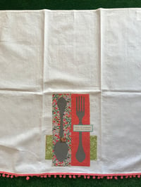 Image 4 of Flour Sack Towel, Stenciled Fork & Spoon, Multi Color, Pinks, Greens