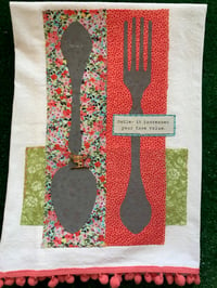 Image 3 of Flour Sack Towel, Stenciled Fork & Spoon, Multi Color, Pinks, Greens